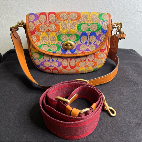 Coach Handbags - Coach Willow Saddle Bag RAINBOW Signature Canvas Purse Crossbody CA101
